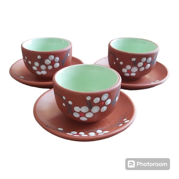 Hand Painted Ochoko Sake Tea Cups & Saucer Set, Plum Blossoms - Set Of 3 - Picture 1 of 8